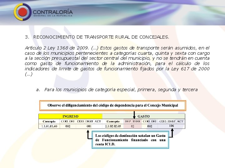 3. RECONOCIMIENTO DE TRANSPORTE RURAL DE CONCEJALES. Artículo 2 Ley 1368 de 2009. (…)