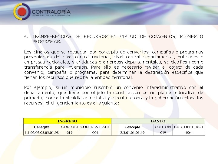 6. TRANSFERENCIAS DE RECURSOS EN VIRTUD DE CONVENIOS, PLANES O PROGRAMAS. Los dineros que