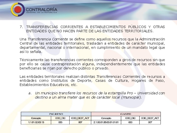 7. TRANSFERENCIAS CORRIENTES A ESTABLECIMIENTOS PÚBLICOS Y OTRAS ENTIDADES QUE NO HACEN PARTE DE