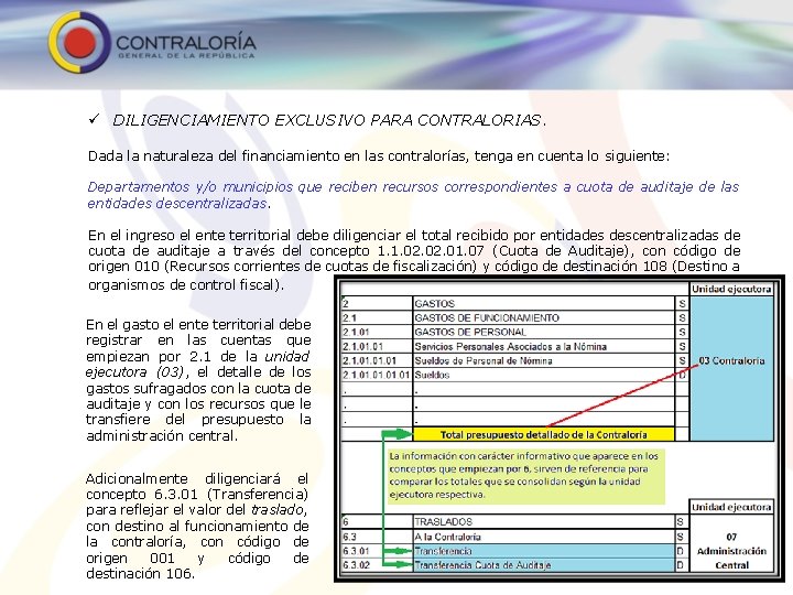ü DILIGENCIAMIENTO EXCLUSIVO PARA CONTRALORIAS. Dada la naturaleza del financiamiento en las contralorías, tenga