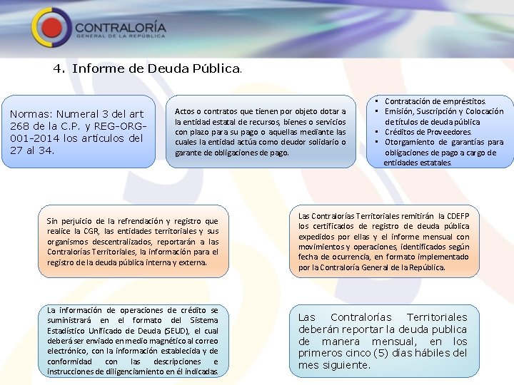 4. Informe de Deuda Pública. Normas: Numeral 3 del art 268 de la C.