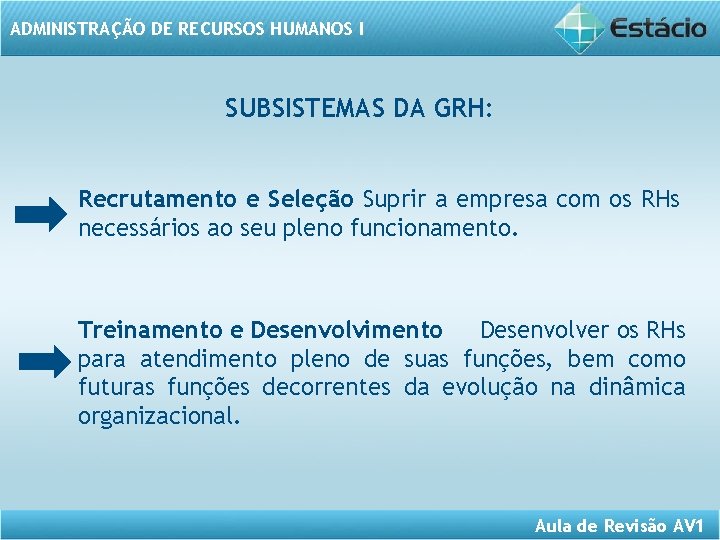 ADMINISTRAÇÃO DE RECURSOS HUMANOS I SUBSISTEMAS DA GRH: Recrutamento e Seleção Suprir a empresa