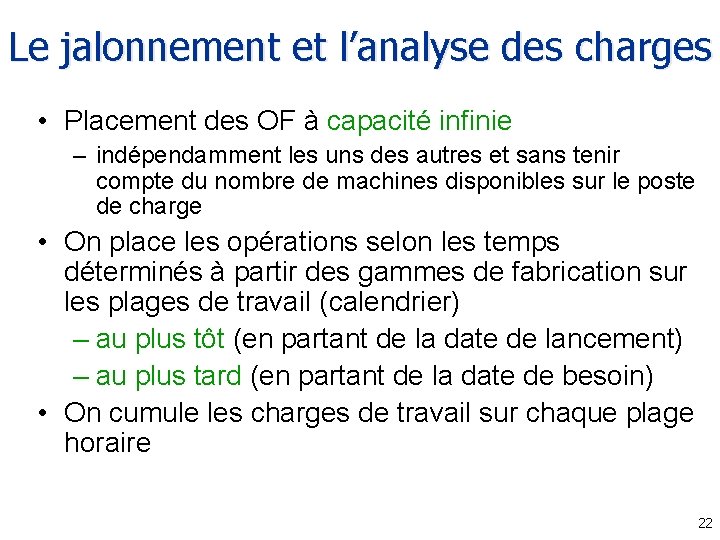 Le jalonnement et l’analyse des charges • Placement des OF à capacité infinie –