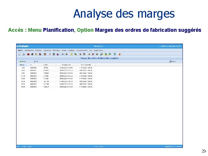 Analyse des marges Accès : Menu Planification, Option Marges des ordres de fabrication suggérés