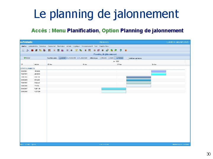 Le planning de jalonnement Accès : Menu Planification, Option Planning de jalonnement 30 