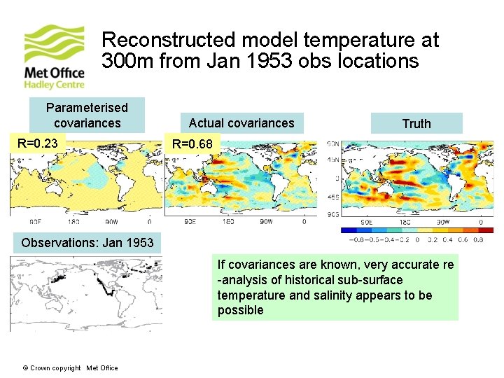 Reconstructed model temperature at 300 m from Jan 1953 obs locations Parameterised covariances R=0. Reconstructed model temperature at 300 m from Jan 1953 obs locations Parameterised covariances R=0.