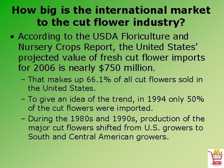 How big is the international market to the cut flower industry? • According to