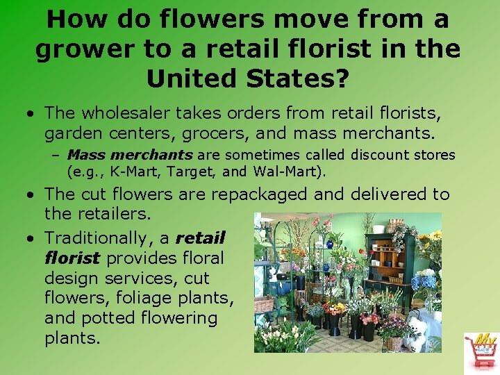 How do flowers move from a grower to a retail florist in the United