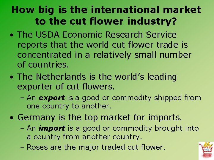 How big is the international market to the cut flower industry? • The USDA