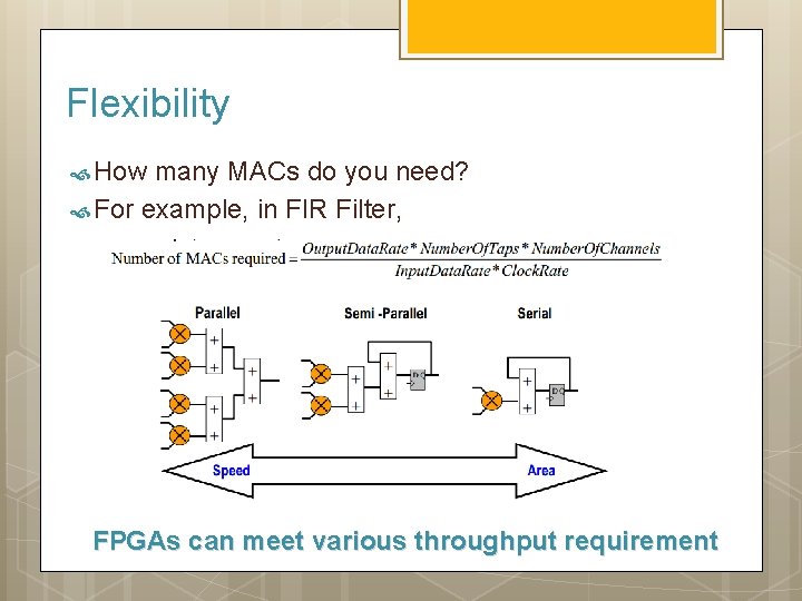 Flexibility How many MACs do you need? For example, in FIR Filter, FPGAs can