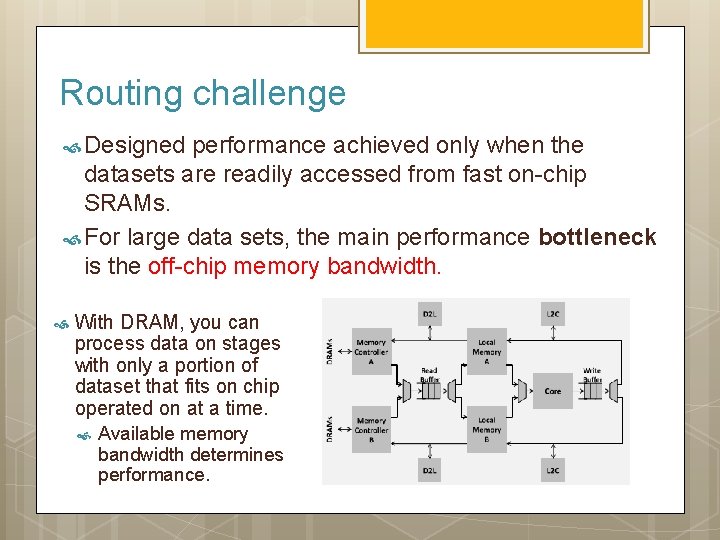 Routing challenge Designed performance achieved only when the datasets are readily accessed from fast