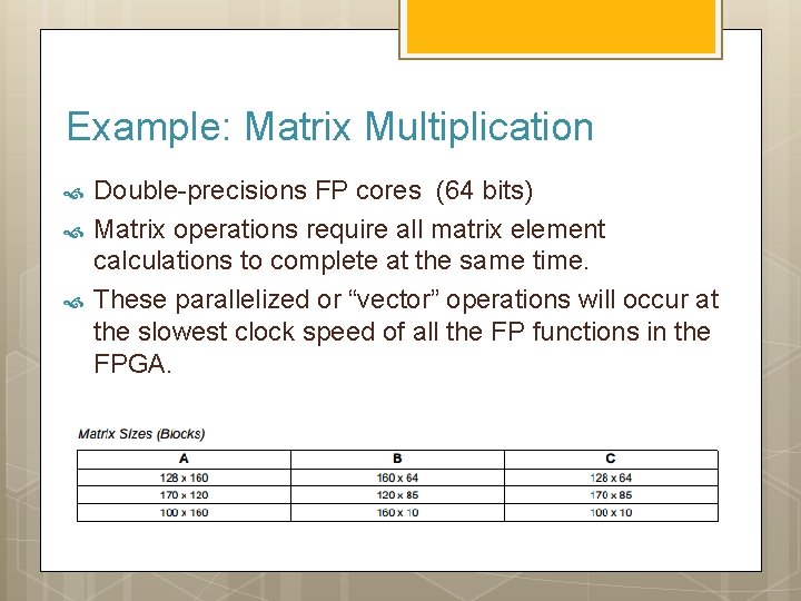 Example: Matrix Multiplication Double-precisions FP cores (64 bits) Matrix operations require all matrix element