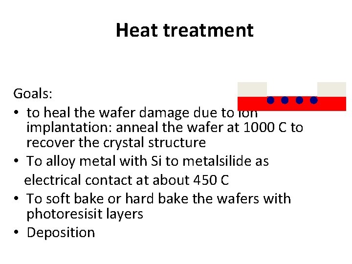 Heat treatment Goals: • to heal the wafer damage due to ion implantation: anneal Heat treatment Goals: • to heal the wafer damage due to ion implantation: anneal