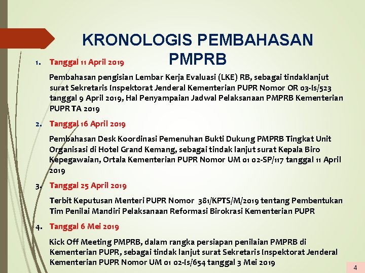 1. KRONOLOGIS PEMBAHASAN PMPRB Tanggal 11 April 2019 Pembahasan pengisian Lembar Kerja Evaluasi (LKE)