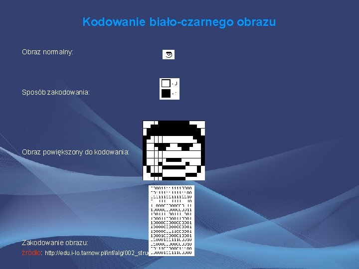 Kodowanie biało-czarnego obrazu Obraz normalny: Sposób zakodowania: Obraz powiększony do kodowania: Zakodowanie obrazu: źródło: