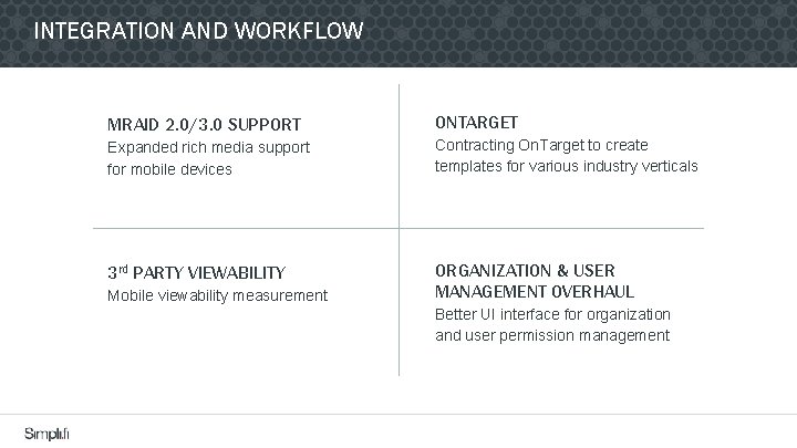 INTEGRATION AND WORKFLOW MRAID 2. 0/3. 0 SUPPORT ONTARGET Expanded rich media support for