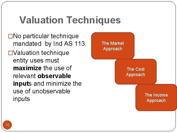 Valuation Techniques �No particular technique mandated by Ind AS 113. �Valuation technique entity uses