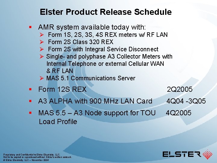 Elster Product Release Schedule § AMR system available today with: Ø Form 1 S,