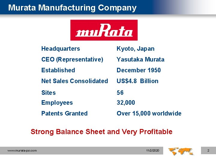 Murata Manufacturing Company Headquarters Kyoto, Japan CEO (Representative) Yasutaka Murata Established December 1950 Net