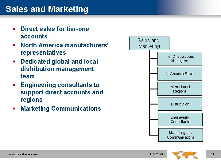 Sales and Marketing § Direct sales for tier-one accounts § North America manufacturers’ representatives