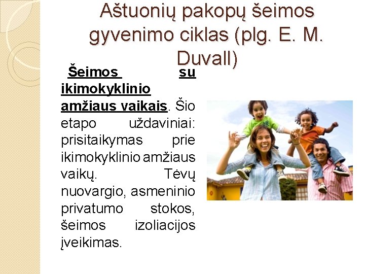 Aštuonių pakopų šeimos gyvenimo ciklas (plg. E. M. Duvall) Šeimos su ikimokyklinio amžiaus vaikais.