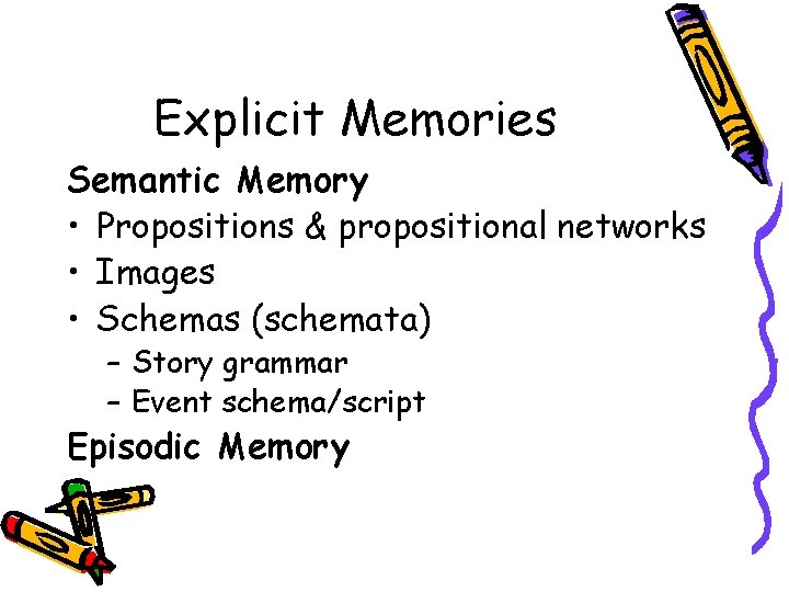Explicit Memories Semantic Memory • Propositions & propositional networks • Images • Schemas (schemata)