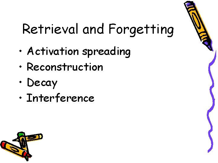 Retrieval and Forgetting • • Activation spreading Reconstruction Decay Interference 