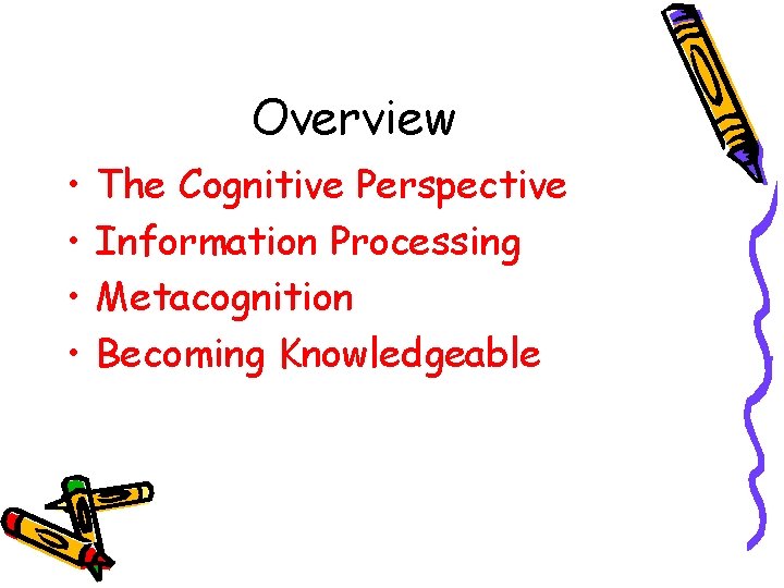 Overview • • The Cognitive Perspective Information Processing Metacognition Becoming Knowledgeable 