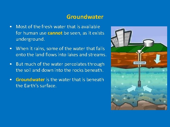 Groundwater • Most of the fresh water that is available for human use cannot