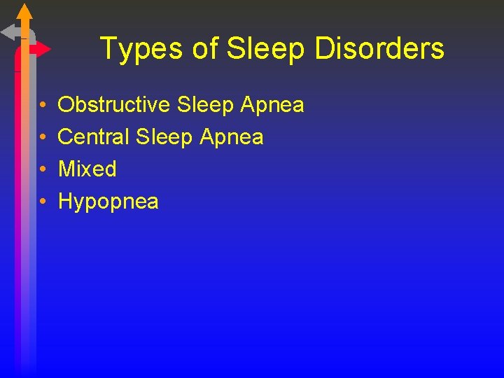 Types of Sleep Disorders • • Obstructive Sleep Apnea Central Sleep Apnea Mixed Hypopnea