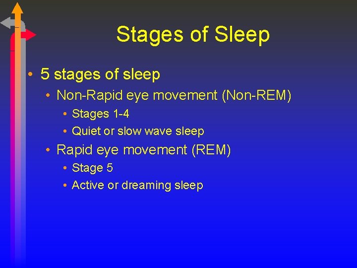 Stages of Sleep • 5 stages of sleep • Non-Rapid eye movement (Non-REM) •