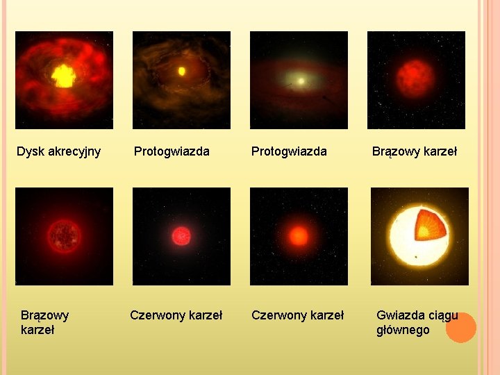 Dysk akrecyjny Brązowy karzeł Protogwiazda Czerwony karzeł Brązowy karzeł Gwiazda ciągu głównego 