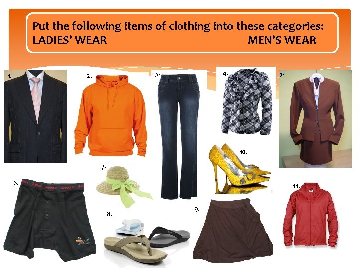 Put the following items of clothing into these categories: LADIES’ WEAR MEN’S WEAR 1.