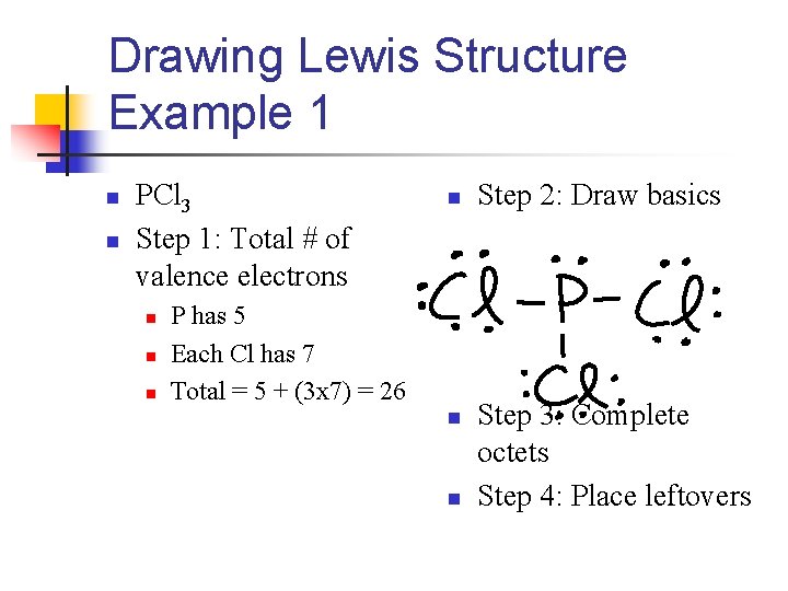 Drawing Lewis Structure Example 1 n n PCl 3 Step 1: Total # of