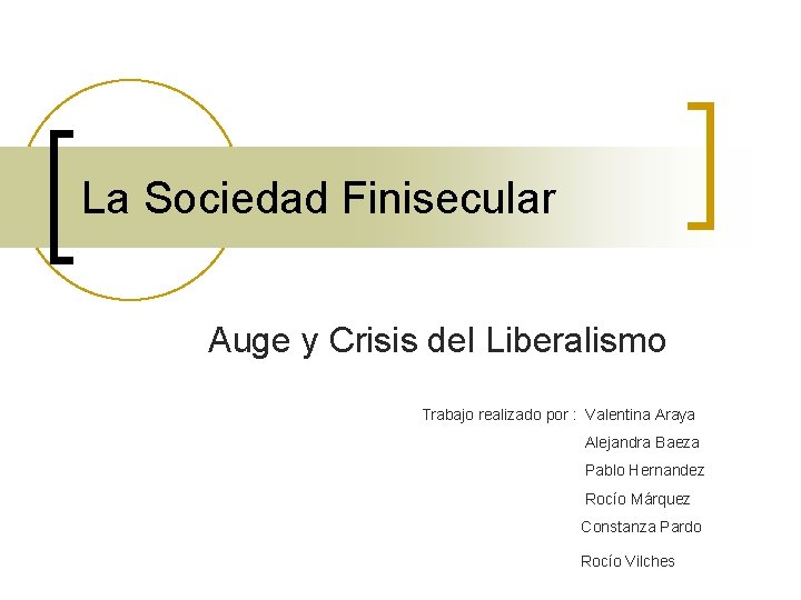 La Sociedad Finisecular Auge y Crisis del Liberalismo Trabajo realizado por : Valentina Araya