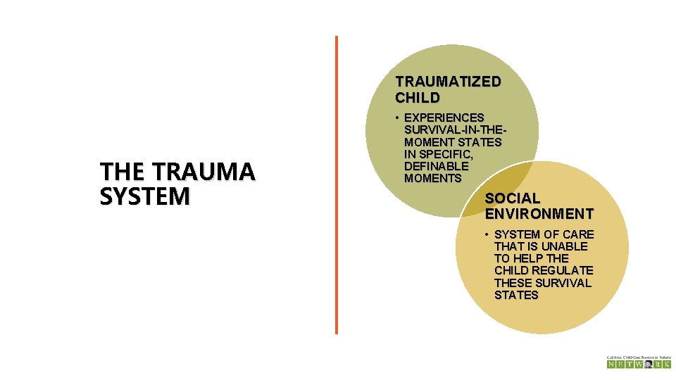 TRAUMATIZED CHILD THE TRAUMA SYSTEM • EXPERIENCES SURVIVAL-IN-THEMOMENT STATES IN SPECIFIC, DEFINABLE MOMENTS SOCIAL
