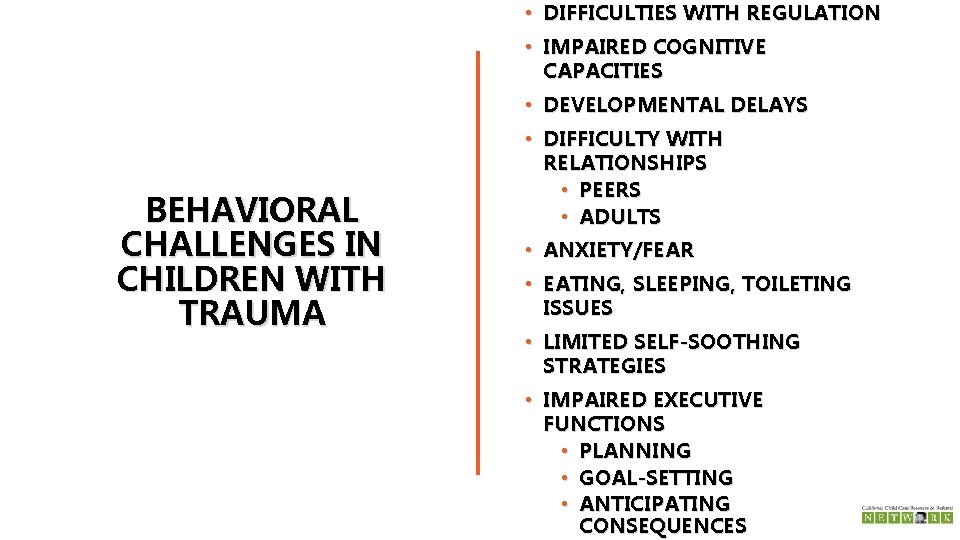  • DIFFICULTIES WITH REGULATION • IMPAIRED COGNITIVE CAPACITIES • DEVELOPMENTAL DELAYS BEHAVIORAL CHALLENGES