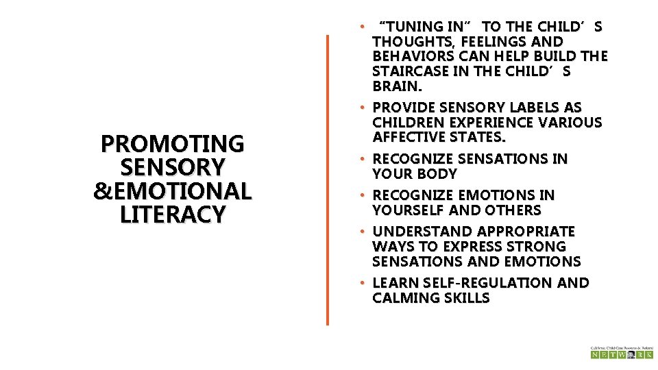 PROMOTING SENSORY &EMOTIONAL LITERACY • “TUNING IN” TO THE CHILD’S THOUGHTS, FEELINGS AND BEHAVIORS