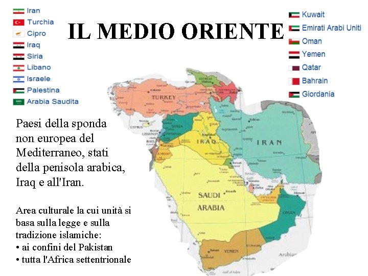 IL MEDIO ORIENTE Paesi della sponda non europea del Mediterraneo, stati della penisola arabica,