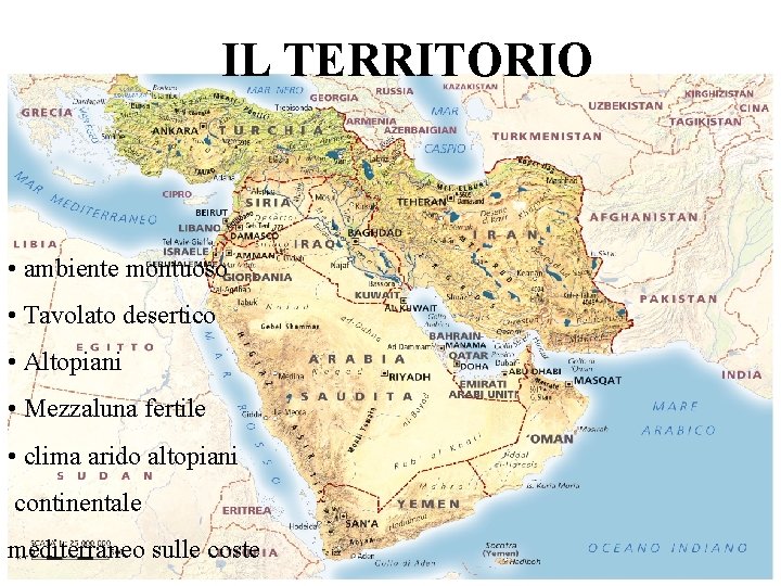 IL TERRITORIO • ambiente montuoso • Tavolato desertico • Altopiani • Mezzaluna fertile •