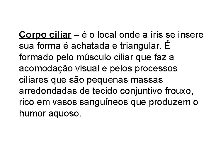 Corpo ciliar – é o local onde a íris se insere sua forma é