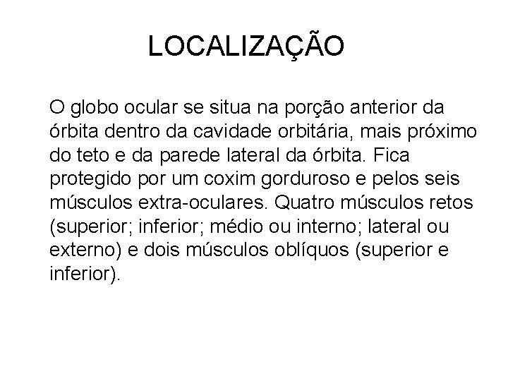 LOCALIZAÇÃO O globo ocular se situa na porção anterior da órbita dentro da cavidade