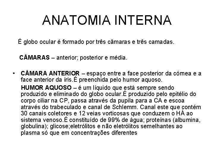 ANATOMIA INTERNA É globo ocular é formado por três câmaras e três camadas. C