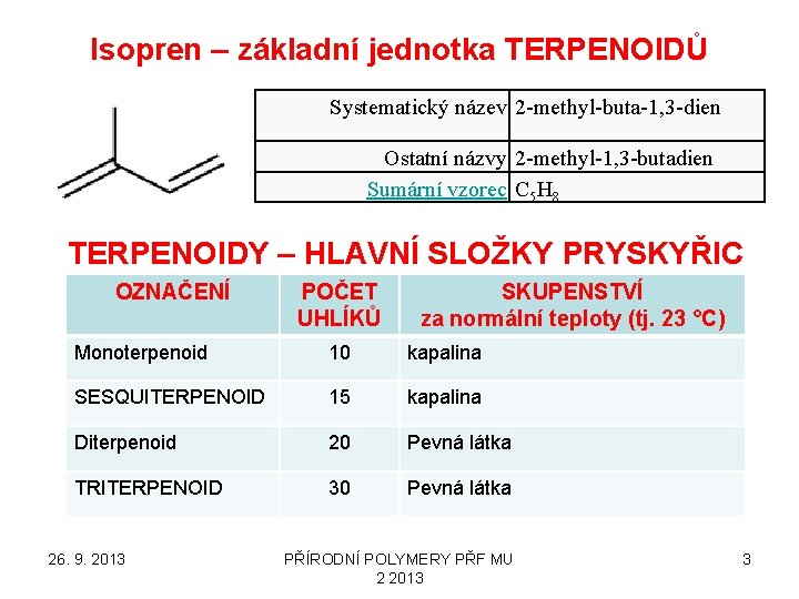 Isopren – základní jednotka TERPENOIDŮ Systematický název 2 -methyl-buta-1, 3 -dien Ostatní názvy 2