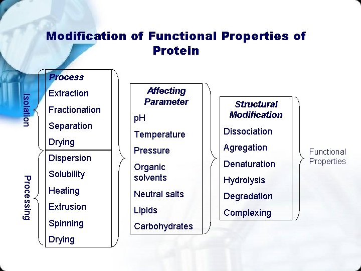 Modification of Functional Properties of Protein Process Isolation Extraction Fractionation Separation Affecting Parameter p.