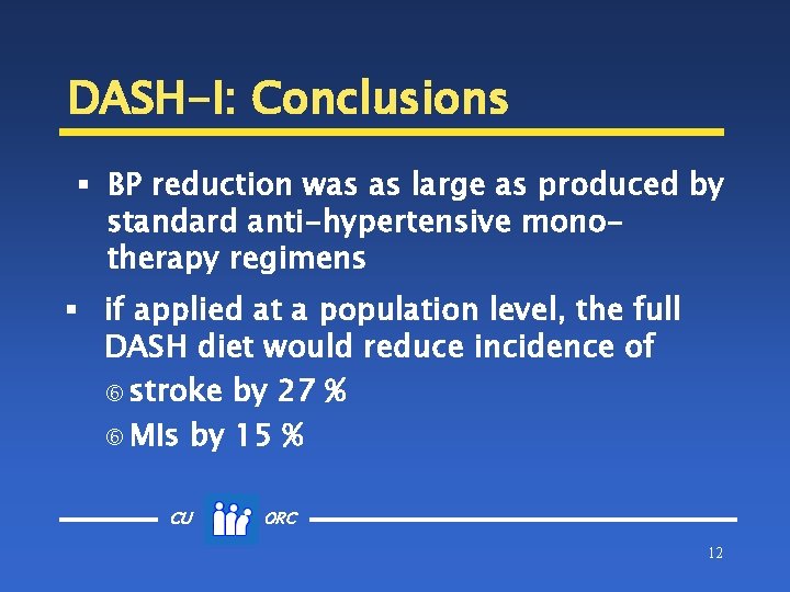 DASH-I: Conclusions § BP reduction was as large as produced by standard anti-hypertensive monotherapy