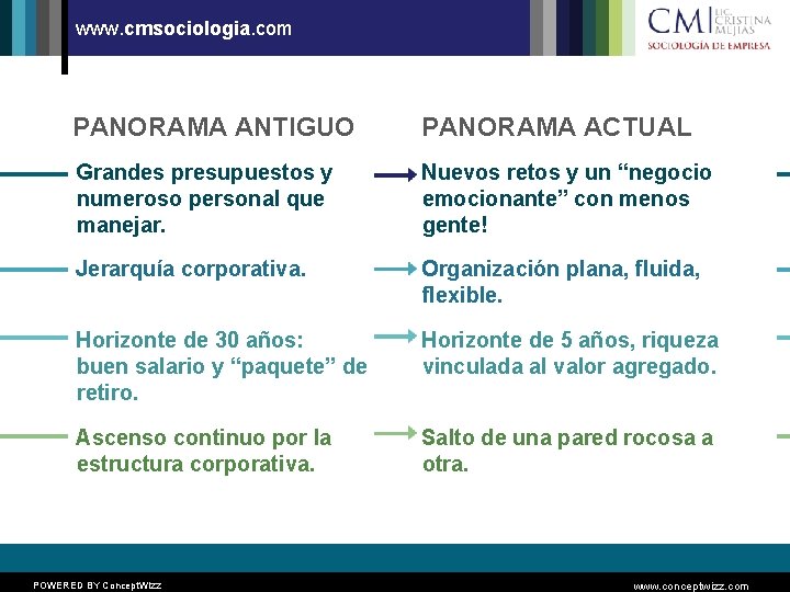 www. cmsociologia. com PANORAMA ANTIGUO PANORAMA ACTUAL Grandes presupuestos y numeroso personal que manejar.