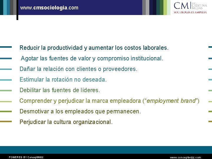 www. cmsociologia. com Reducir la productividad y aumentar los costos laborales. Agotar las fuentes