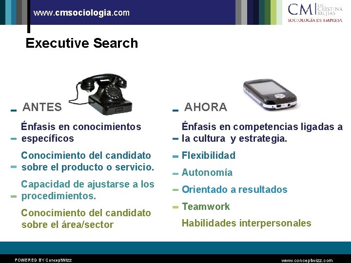 www. cmsociologia. com Executive Search ANTES AHORA Énfasis en conocimientos específicos Énfasis en competencias