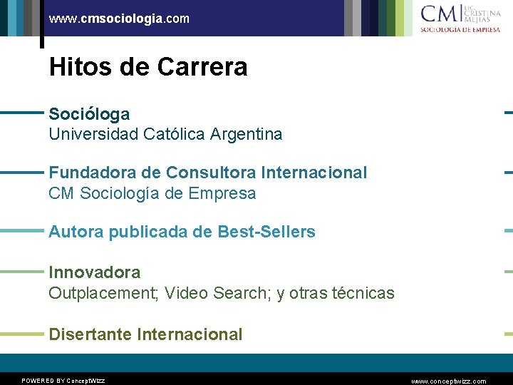 www. cmsociologia. com Hitos de Carrera Socióloga Universidad Católica Argentina Fundadora de Consultora Internacional